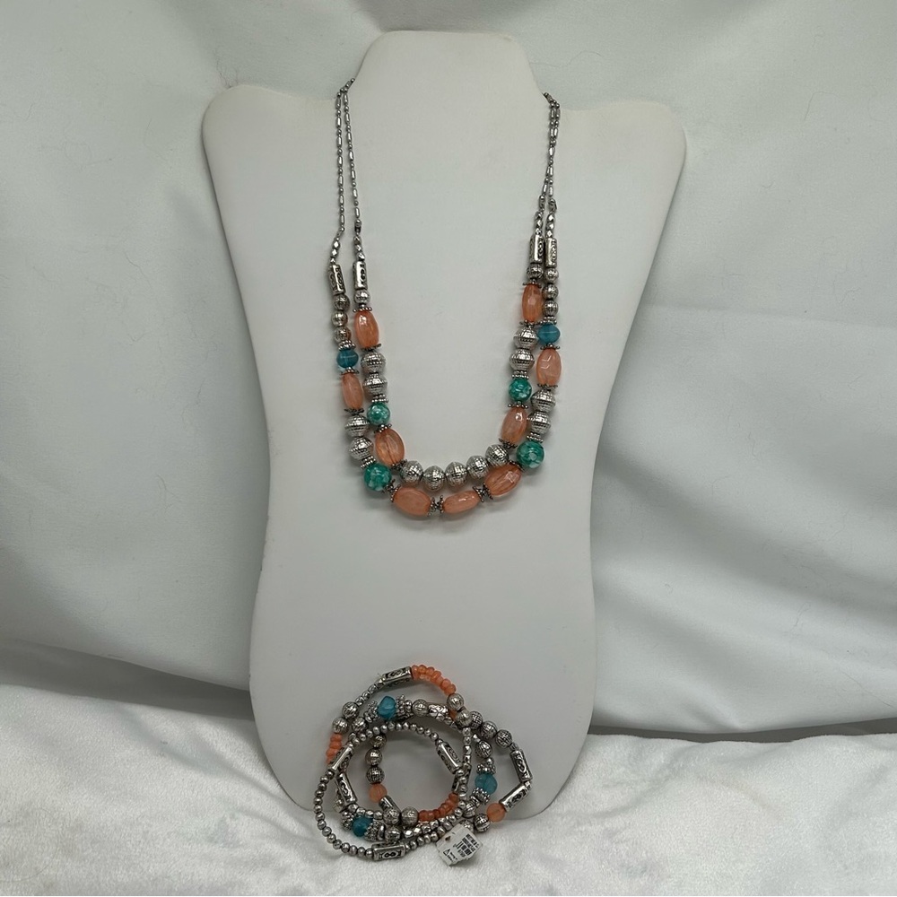 Ruby Rd Necklace and Stretch Bracelet Set, NWT Silver Peach Green double strand